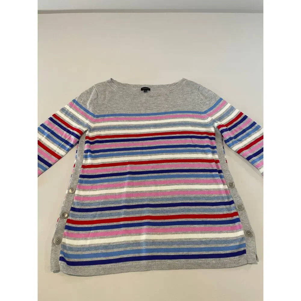 Talbots Multicolor Stripe Sweater Heather Gray Side Button Trim Lightweight